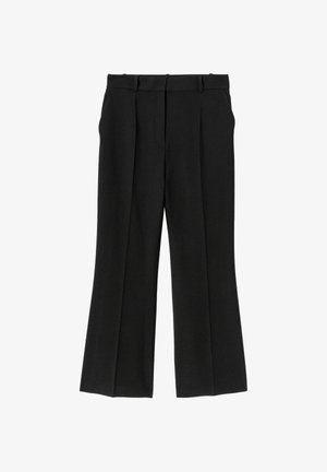 Pantalon noir à jambes larges avec passants de ceinture, plis sur le devant et poches latérales, présenté à plat sur un fond blanc.