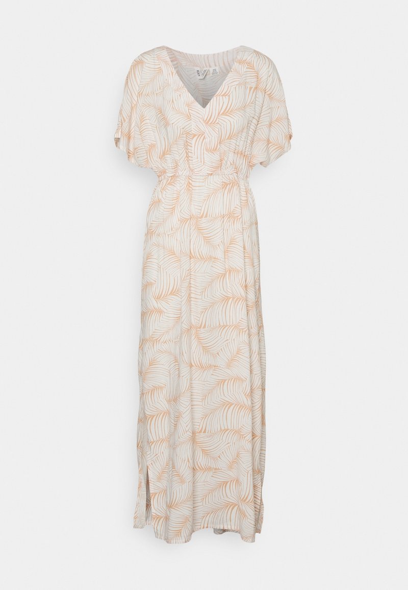 Robe longue en tissu léger avec un décolleté en V, des manches courtes et un fond blanc orné de motifs de feuilles orange.