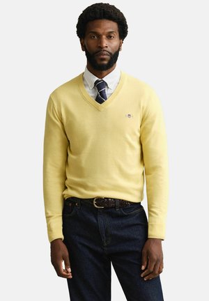 Man met baard die een gele V-hals trui draagt over een wit overhemd en gestreepte stropdas, donkere spijkerbroek en een bruine gevlochten riem.