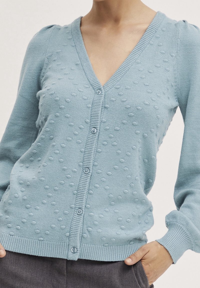 Světle modrý cardigan s V-výstřihem, texturovanými tečkami, žebrovanými manžetami a knoflíkovým zapínáním. Měkký pletený materiál s uvolněným střihem a jemným leskem.