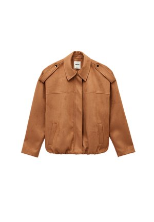 Chaqueta de ante marrón con cuello puntiagudo, dos bolsillos delanteros y hombreras en los hombros. Bajo elástico y textura suave.