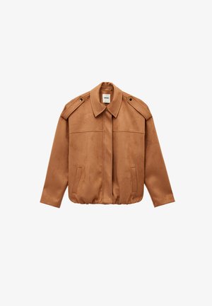 Bruine suède jas met een puntige kraag, twee zakken aan de voorkant en schouderepauletten. Elastische zoom en een gladde textuur.