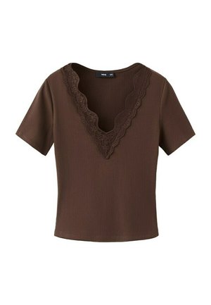 Top marrone a maniche corte in maglia a costine con scollo a V profondo rifinito da pizzo smerlato, etichettato MNG, taglia small.