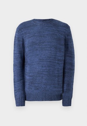 Pullover blu lavorato a maglia con scollo rotondo, polsini e orlo a coste, caratterizzato da un motivo testurizzato su tutta la superficie del tessuto.