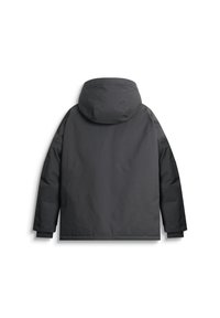 Chaqueta exterior negra con capucha, que presenta una textura suave y un diseño sencillo. La vista trasera muestra mangas largas y un corte relajado.