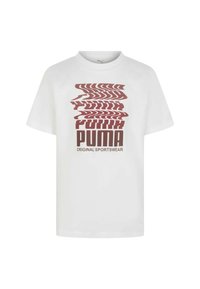 T-shirt sportivo bianco Puma con logo Puma sovrapposto distorto e testo "Original Sportswear" in marrone sul davanti.