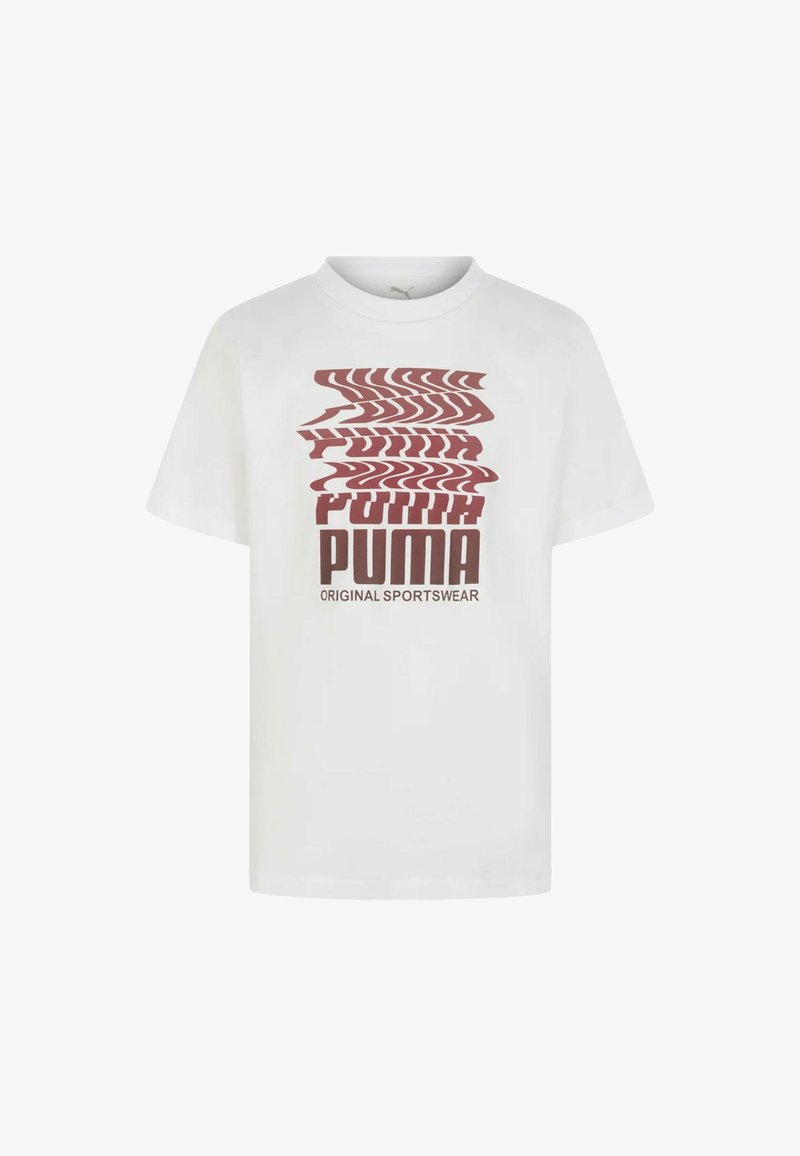 T-shirt sportivo bianco Puma con logo Puma sovrapposto distorto e testo "Original Sportswear" in marrone sul davanti.