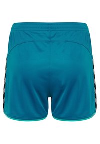 Tyrkysové sportovní šortky s černobílými pruhovanými boky, elastickým pasem a síťovinovým zadním horním dílem.