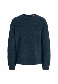 Granatowy sweter wykonany z puszystego materiału, z okrągłym dekoltem, długimi rękawami i luźnym krojem, z prążkowanymi mankietami i dołem.