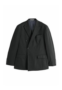 Sacou negru cu două rânduri de nasturi, rever ascuțit, buzunare frontale cu clapă și manșete cu nasture. Material neted cu textură uniformă și captuseală interioară.