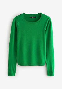 Grøn, langærmet sweater med rund halsudskæring; har diskrete ribbede detaljer på skuldrene og manchetterne; glat strikket tekstur overalt.