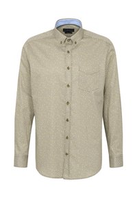 Hemd mit Knopfleiste und einem hellbraunen Hintergrund, versehen mit kleinen blauen und gelben Mustern, Kragen mit hellblauer Einfassung und Brusttasche.