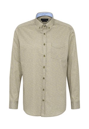 Hemd mit Knopfleiste und einem hellbraunen Hintergrund, versehen mit kleinen blauen und gelben Mustern, Kragen mit hellblauer Einfassung und Brusttasche.
