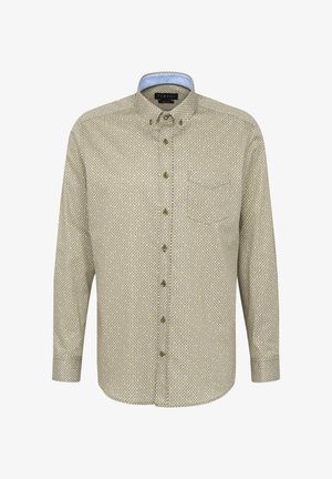 Hemd mit Knopfleiste und einem hellbraunen Hintergrund, versehen mit kleinen blauen und gelben Mustern, Kragen mit hellblauer Einfassung und Brusttasche.