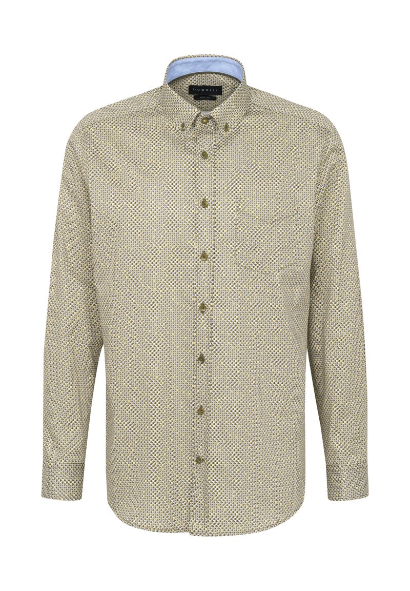 Hemd mit Knopfleiste und einem hellbraunen Hintergrund, versehen mit kleinen blauen und gelben Mustern, Kragen mit hellblauer Einfassung und Brusttasche.