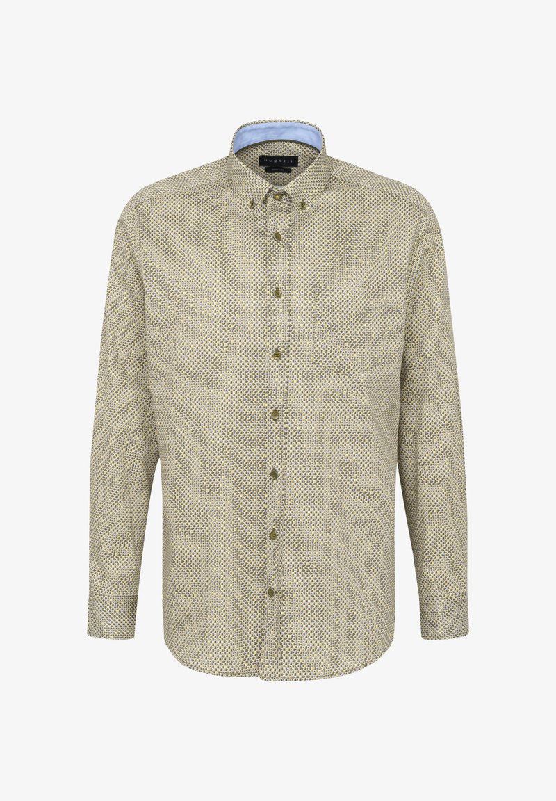 Hemd mit Knopfleiste und einem hellbraunen Hintergrund, versehen mit kleinen blauen und gelben Mustern, Kragen mit hellblauer Einfassung und Brusttasche.