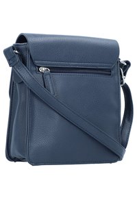 Taschen aus dunkelblauem Leder mit strukturiertem Finish, Klappenverschluss, vorderer Reißverschlusstasche und verstellbarem Tragegurt. Kompakte rechteckige Form.