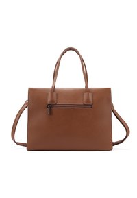 Borsa a mano in pelle marrone con due manici, tracolla removibile e tasca con zip frontale. Texture liscia con design minimalista.