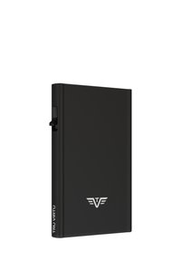 Black metal credit card holder with a slim rectangular design, featuring a silver logo and a side clip for easy access.
