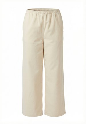 Pantaloni beige a vestibilità comoda con vita elasticizzata, gambe dritte, senza tasche visibili o decorazioni, mostrati su sfondo bianco.