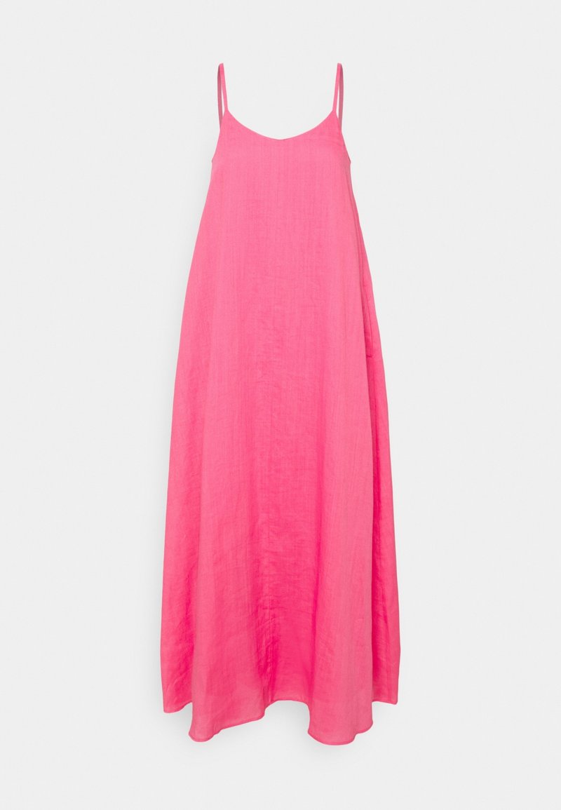 Vestido maxi sin mangas de color rosa brillante con tirantes finos y un ajuste fluido y suelto.