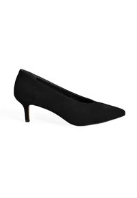 Zwarte puntige pump gemaakt van zacht suede met een lage, taps toelopende hak en een slanke silhouet. Glad textuur met een minimalistisch ontwerp.