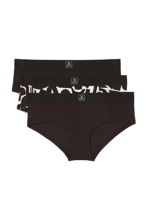 Drie paar vrouwen katoenen hipsteronderbroeken; twee effen zwart, een met een wit abstract patroon op een zwarte achtergrond. Zachte elastische tailleband.