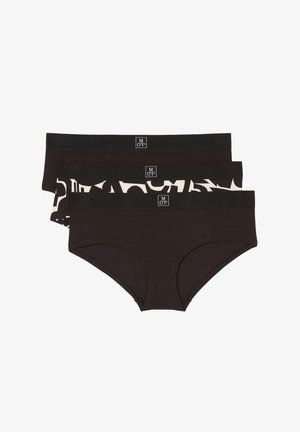 Tre par kvinnliga bomulls-hipsterbikini; två enfärgade svarta, en med ett vitt abstrakt mönster på svart bakgrund. Mjuk elastisk midjeband.