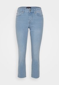 Jeans de denim azul claro com corte reto, cinco bolsos e botão de fecho. Apresenta um desbotamento subtil e um design clássico.