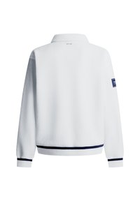 Λευκό fleece μπουφάν με μακριά μανίκια, ριμπ μανσέτες και τελείωμα με μαύρες ρίγες και ένα μικρό λογότυπο στο αριστερό μανίκι.