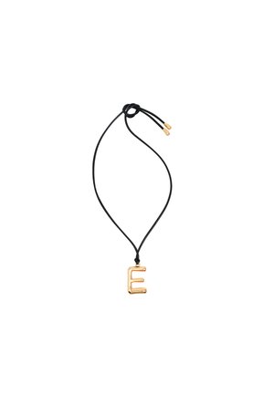 Gold letter "E" pendant on a black cord, featuring a minimalist design with a smooth, shiny finish and adjustable length.