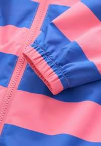 Kleurrijke ritsjack met brede horizontale strepen in roze en blauw. Het materiaal lijkt glad en heeft elastische boorden.