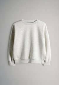 Sweat-shirt gris clair à col rond avec manches longues, poignets et taille côtelés, présenté sur un fond uni neutre.