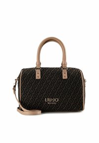 Borsa in tessuto nero con motivo a rilievo, dettagli in pelle marrone chiaro, doppi manici e tracolla rimovibile. Particolare logo dorato.