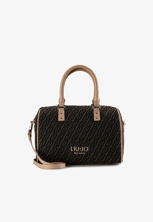 Borsa in tessuto nero con motivo a rilievo, dettagli in pelle marrone chiaro, doppi manici e tracolla rimovibile. Particolare logo dorato.