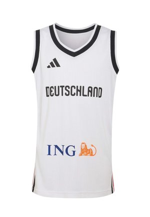Maglia da basket bianca senza maniche con bordi neri, scritta "Deutschland", logo Adidas e logo sponsor ING con leone arancione.