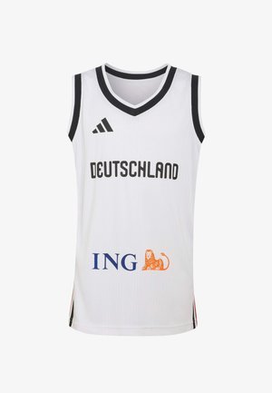Camiseta sin mangas de baloncesto blanca con ribetes negros, texto "Deutschland", logo de Adidas y logo del patrocinador ING con león naranja.