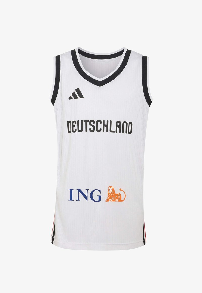 Maillot de basket-ball blanc sans manches avec bordure noire, texte "Deutschland", logo Adidas, et logo du sponsor ING avec un lion orange.