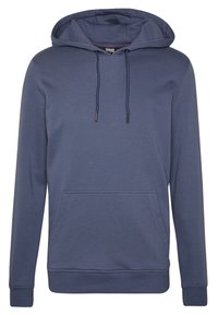 En enkel blå hoodie med framfickan (kangaroo pocket), dragsko i huven samt ribbade muddkanter och nederkant.