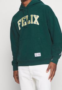 Felpa verde con cappuccio, con la scritta "FELIX" in bianco e un motivo a stelle gialle, tasca a marsupio e un'etichetta con logo sull'orlo.