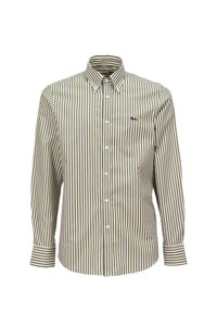 Camicia a righe con strisce verticali verdi e bianche, maniche lunghe e colletto a punta. Presenta un piccolo logo blu sul petto.