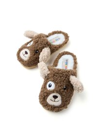 Pantofole marroni pelose con volti di cani sorridenti e orecchie a sventola di colore crema, progettate per il comfort indoor, su uno sfondo bianco.