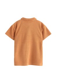 Kortærmet orange skjorte i blødt, tekstureret stof med klassisk krave og ren, lige pasform. Bagudsigten viser en glat finish.