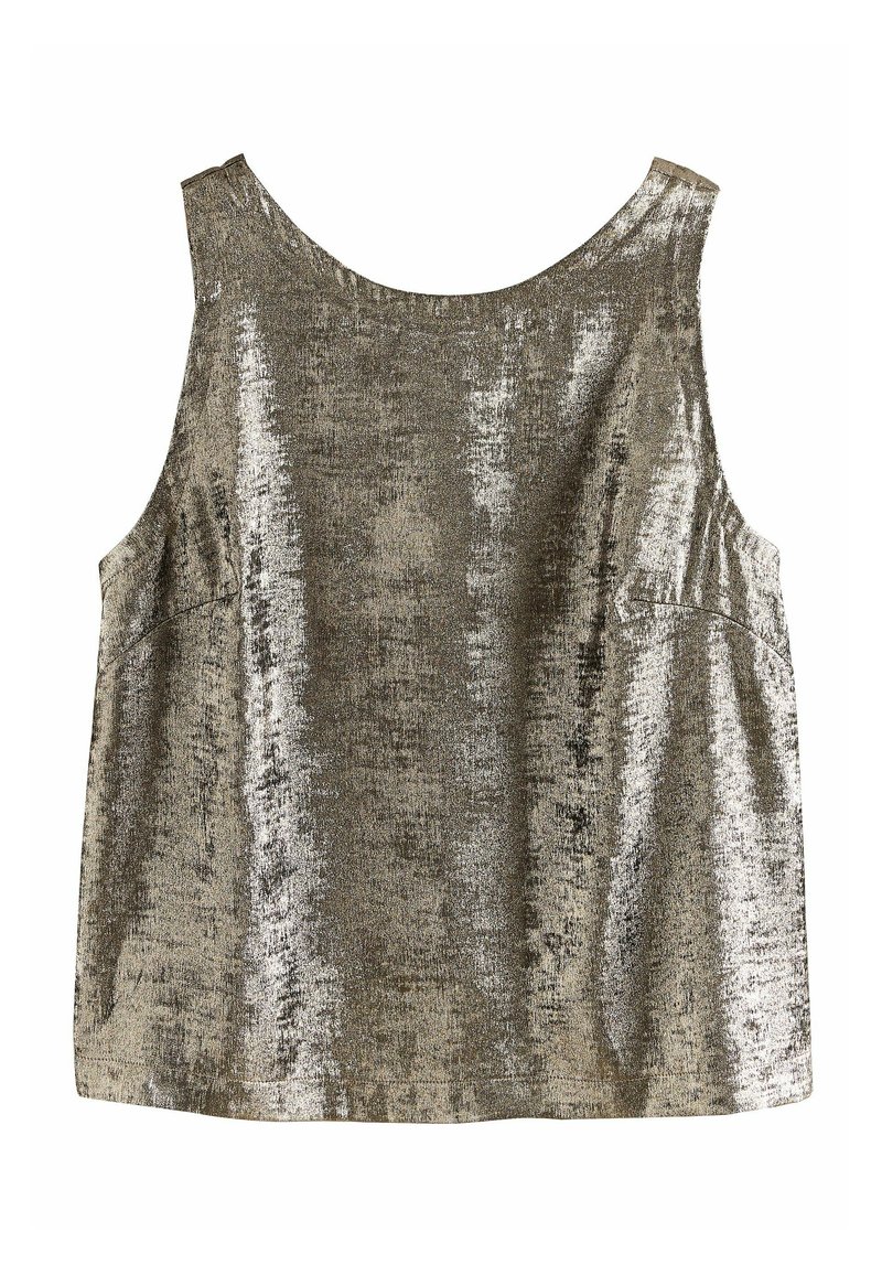 Metallic sleeveless top in gold and silver tones. Smooth texture with a relaxed fit and round neckline. Simple design with no additional details.