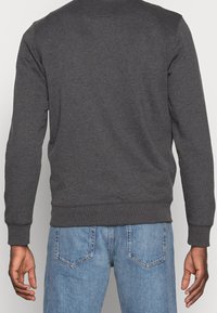 Felpa grigia a maniche lunghe realizzata in materiale morbido, con polsini e orlo a costine, indossata con jeans di denim azzurro.