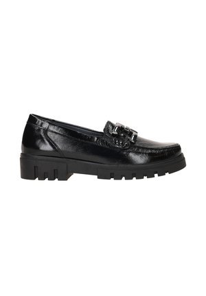 Schwarze Lederloafers mit glänzender Oberfläche, versehen mit einer dekorativen Schnalle. Chunky schwarze Gummisohle mit einem genoppten Muster.