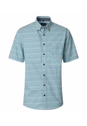Kortærmet knappeskjorte med blå og grønne små cirkelmønstre og knappet krave på hvid baggrund.