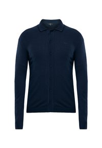 Námořnický modrý cardigan s dlouhým rukávem, knoflíky, límcem a jemným logem značky na hrudi, vystavený na bílém pozadí.