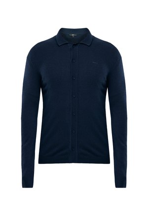 Marineblauwe lange mouwen cardigan met knopen, een kraag en een subtiele merkl logo op de borst, weergegeven op een witte achtergrond.