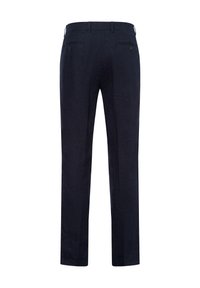 Marineblaue Hosen aus leichtem Stoff, mit geradem Bein, zwei Gesäßtaschen mit Knöpfen und Gürtelschlaufen an der Taille.